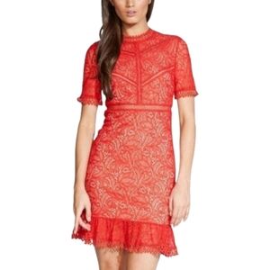 Bardot Dress Womens 6 Red Theodora Lace Bodycon Ruffle Hem‎ Short Sleeve Party